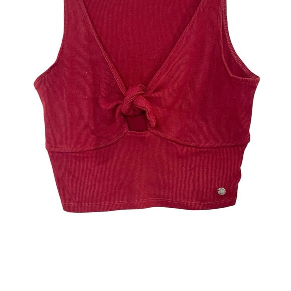 Roxy Tie Knot Front Red Ribbed V-Neck Crop Tank Top Stretch Solid Size M - Picture 3 of 5